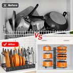 Heavy duty black pot and pan organizer rack fully loaded inside a kitchen cabinet", "Close-up of the adjustable tiers and non-slip lid holder on the metal storage rack