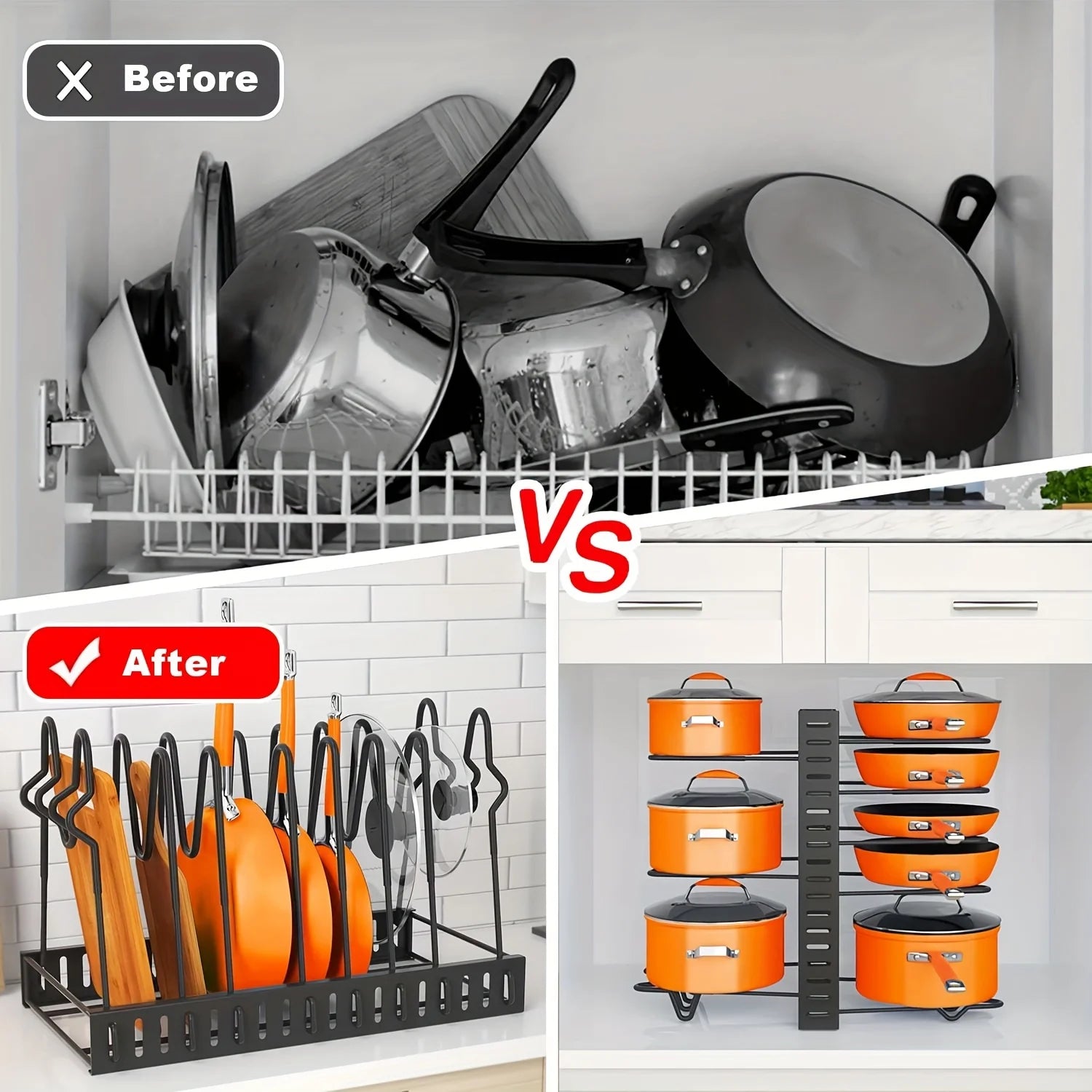 Heavy duty black pot and pan organizer rack fully loaded inside a kitchen cabinet", "Close-up of the adjustable tiers and non-slip lid holder on the metal storage rack